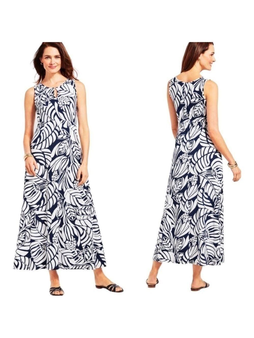 TALBOTS Graphic Botanical Maxi Jersey Knit Dress Back Zipper Black / White Sz M